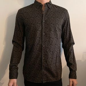 ALLSAINTS printed dark olive brown button up